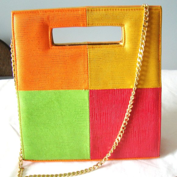 Timothy Hitsman Purse Color Block Orange Pink Green Gold Chain Strap Magnetic - Picture 3 of 8